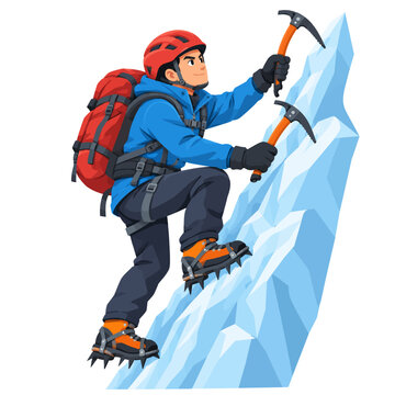 Male Ice Climber Scaling Frozen Glacier Wall with Ice Axes and Climbing Gear Flat Vector Illustration Isolated on White