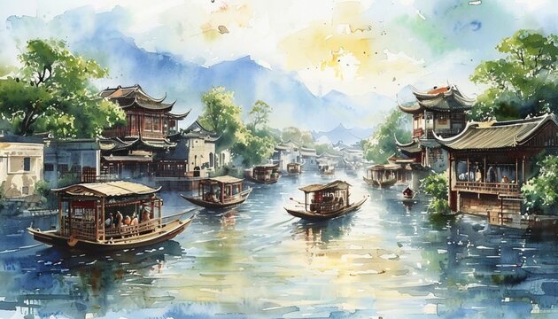 Traditional chinese water town watercolor painting with mountains and boats