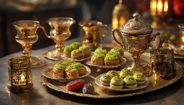 Traditional arabic sweets baklava and dates served on golden tray