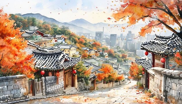 Traditional korean hanok village watercolor painting in beautiful autumn season