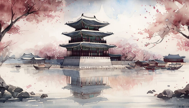 Watercolor painting of traditional Korean palace pavilion with cherry blossoms