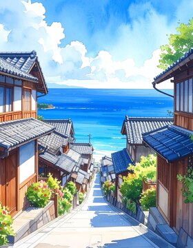 Watercolor painting of traditional Japanese coastal village overlook blue ocean