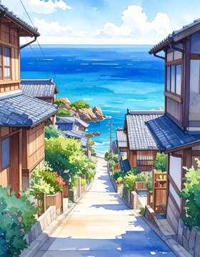 Watercolor painting of traditional Japanese coastal village overlook blue ocean