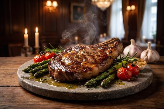 Grilled ribeye beef steak with asparagus on stone platter restaurant