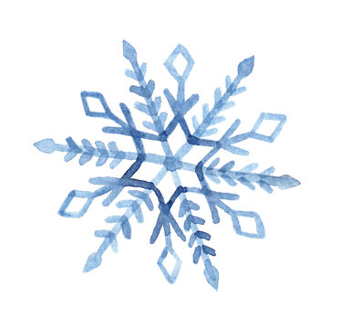 Blue Watercolor Snowflake Hand Painted Winter Illustration Isolated on White Background