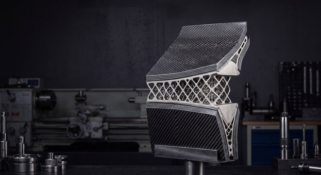 Aerospace carbon fiber composite panel cross-section with titanium lattice core in workshop