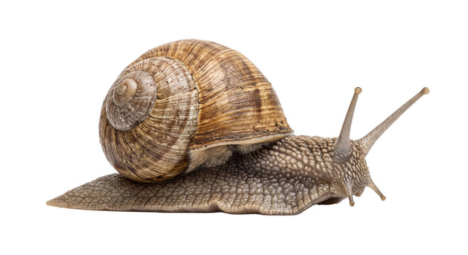 Detailed land snail with a richly patterned spiral shell isolated on transparent background
