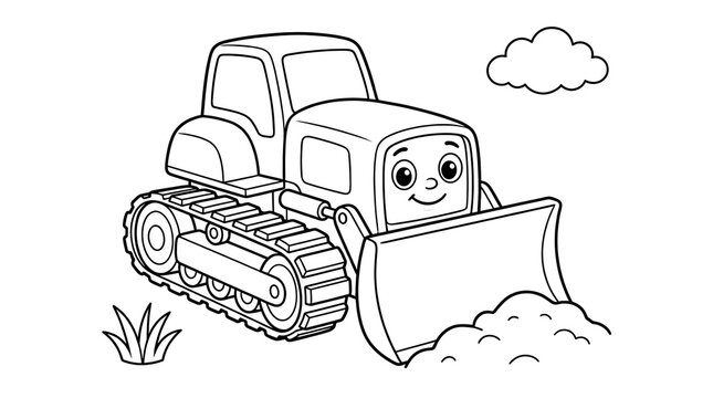 Cute cartoon bulldozer pushing dirt with happy face coloring page vector