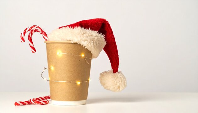 Coffee cup wearing Santa hat with candy canes and fairy lights