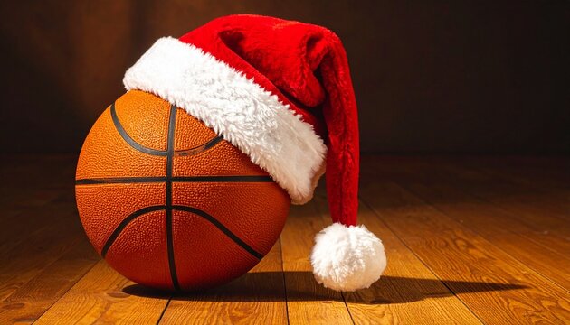 Basketball wearing a Santa hat on polished hardwood court, warm lighting