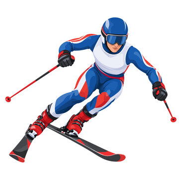 Professional Alpine Skiing Athlete in Dynamic Downhill Racing Pose Flat Vector Illustration Isolated on White Background