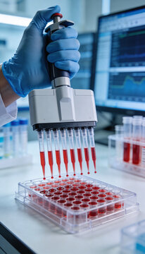 Gloved hand operating multichannel pipette over red sample microplate in laboratory. Laboratory diagnostics and blood testing. Biotechnology research, clinical analysis and sample processing