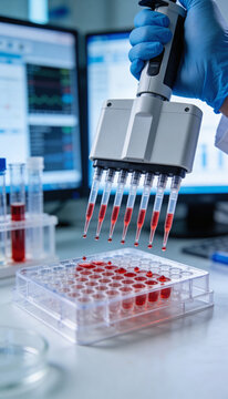 Gloved hand operating multichannel pipette over microplate. Laboratory liquid handling for sample testing. Biotechnology and clinical diagnostics research. Molecular biology.