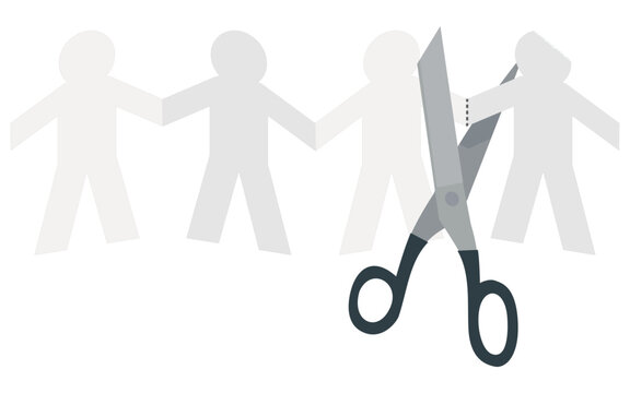 Vector illustration of scissors cutting an altered person from a paper chain of men, symbolizing mental health discrimination, isolation, and layoffs (cut out)