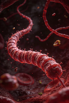 Red virus particles floating in a microscopic environment. Coronavirus infection and viral transmission concept. Infectious disease and pathogen research. Digital medical illustration.