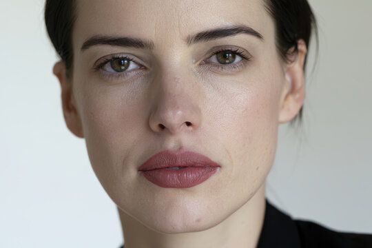 A woman with hazel eyes gazes intensely forward, capturing a moment of reflection and depth, providing insight into her emotional world and personal narrative.