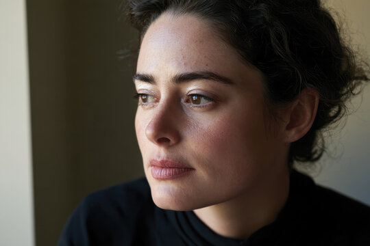 A side profile of a thoughtful woman with curly hair, showcasing her contemplative expression and natural beauty in a soft-lit setting, evoking a sense of introspection.