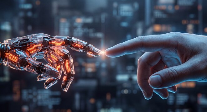 A robotic hand and a human hand reaching out to touch against a dark background with internal components reaches blurred digital background with glowing orange internal