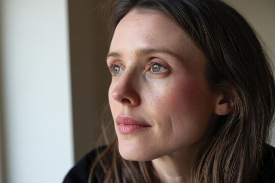 A contemplative woman gazing thoughtfully out of a window, capturing a moment filled with subtle emotions and natural light that accentuates her thoughtful expression and beauty.