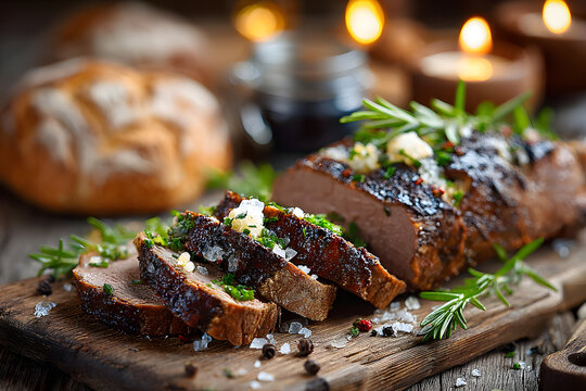 Rustic table view of a liver sandwich appetizer featuring fresh goose or duck with space for text