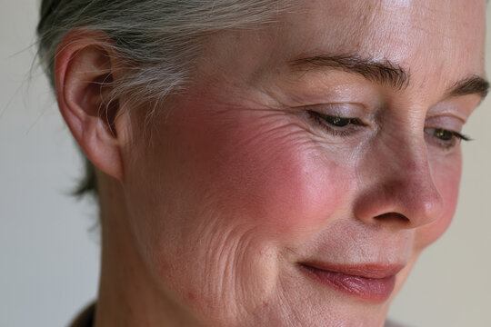 Captured moment of a cheerful woman with prominent blush and radiant smile, exuding positivity and joy in this captivating close-up portrait.