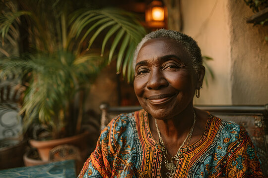 Elderly African woman beaming for the camera on her patio