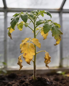 Close-up of wilted tomato seedlings yellow leaves in greenhouse soil suffering from chlorosis, fungal blight, and mineral deficiency.