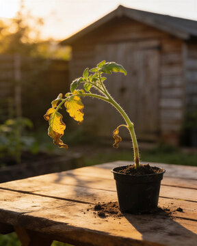 A droopy pot of wilted tomato seedlings yellow leaves sitting on a rustic wooden table in a garden during warm sunset light.