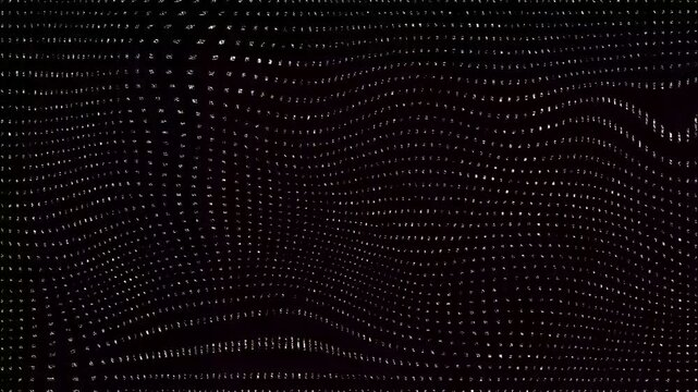 Digital binary code and matrix particle wave background loop, abstract white scrolling numbers and glowing text texture for futuristic technology motion graphics and cyberpunk vhs visual effects. 4k