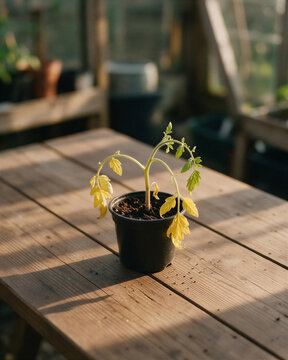 Small pot with wilted tomato seedlings yellow leaves bending on a greenhouse wooden table due to water stress and nutrient deficiency.