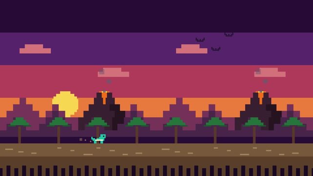 Pixel art dinosaur running past volcanoes during colorful retro sunset