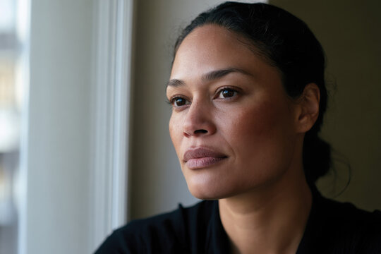 A close-up portrait of a pensive woman, showcasing her striking features and deep gaze as she contemplates something meaningful in a natural light setting.