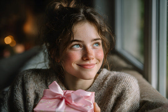Joyful teenage girl cuddling a pink gift on the couch smiling as she gazes outside