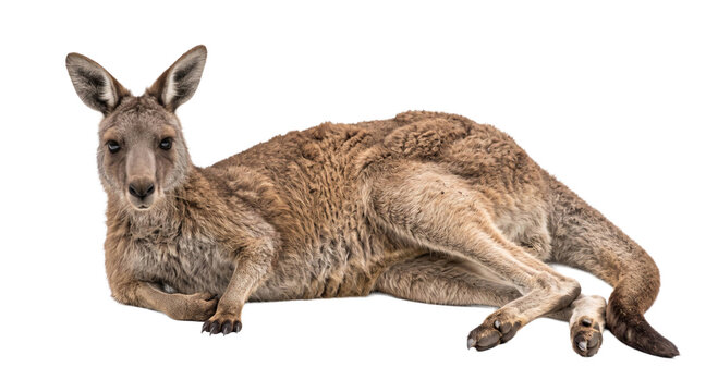 Brown kangaroo lying down with ears upright, isolated cutout of Australian wildlife