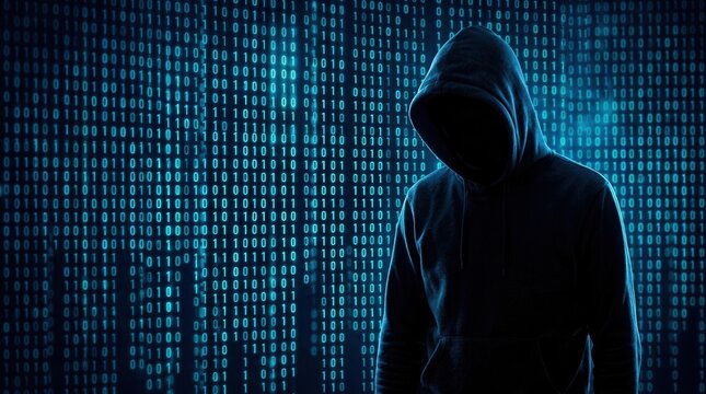 Digital binary code background with an anonymous hacker in a hoodie representing data security and cybercrime