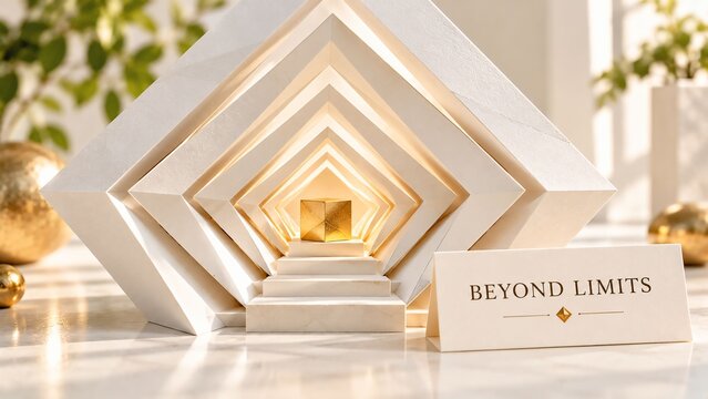 Abstract geometric tunnel structure with warm glowing light and a sign reading beyond limits nested diamonds future vision endless possibilities