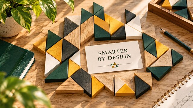Flat lay of geometric wooden block puzzle with a card reading smarter by design blocks tangram triangle mosaic pattern desk setup