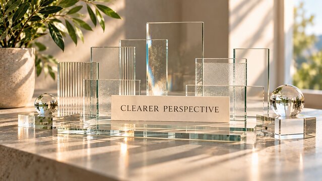 Transparent glass sheets and prisms arranged with a clearer perspective sign in bright sunlight panels clear mental clarity decision making