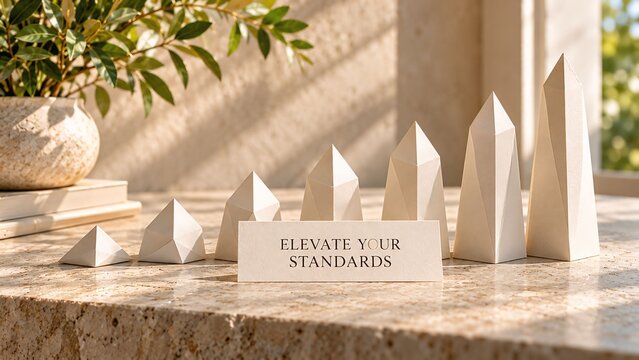 Card with elevate your standards text next to stone pyramids on a sunlit table structure still life business concept motivation