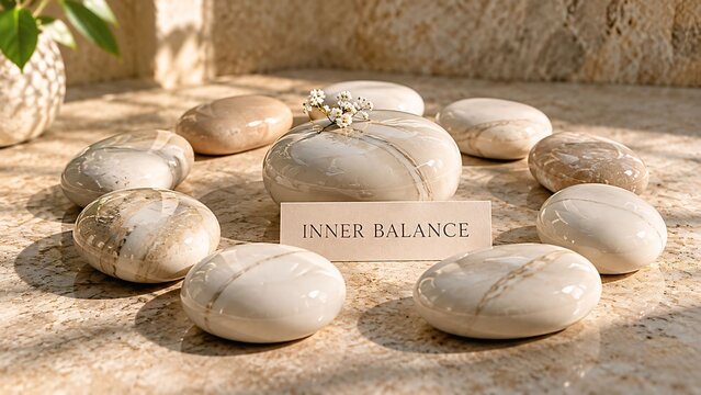 Smooth pebbles arranged in a circle around an inner balance text card on marble surface with zen stones mind care mental health well being holistic heal