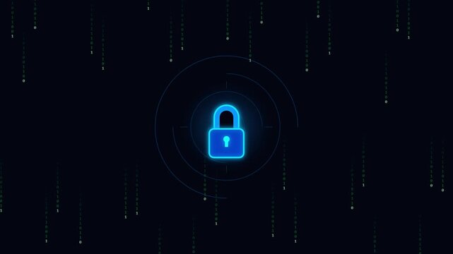 Cyber security lock icon with digital binary code background loop animation