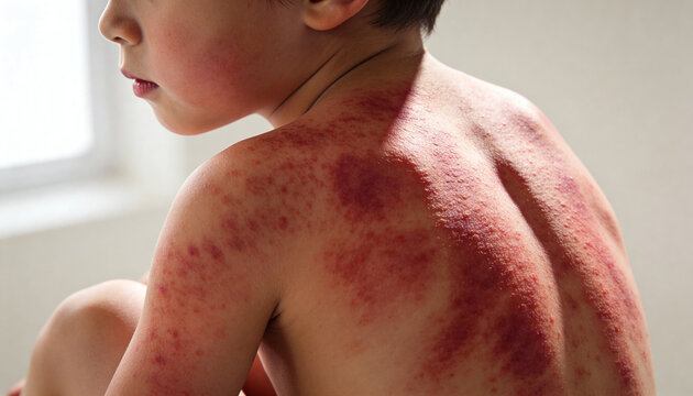 Boy with severe skin rash and red irritated patches on back and shoulders. Close-up of inflamed skin with bumps. Allergic reaction, eczema and dermatitis. Child health and pediatric skin