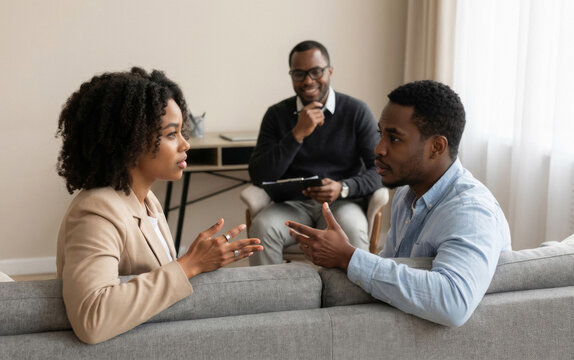 Young couple talking on sofa while man with clipboard listens in background. African American partners arguing during therapy session. Family counseling and relationship conflict.