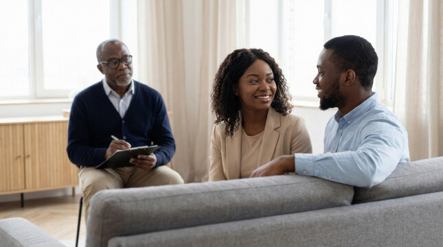 Couple speaking with an advisor taking notes in a bright office. Relationship counseling and communication. Client consultation, personal guidance and support. Professional services.
