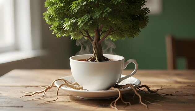 Green tree growing out of porcelain teacup on wooden table