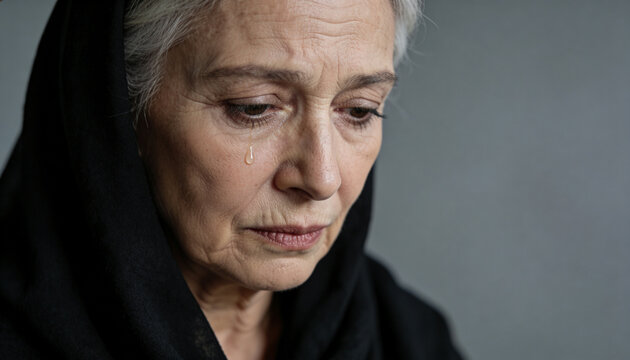Grieving senior woman in black headscarf with tear rolling down her cheek. Close-up portrait of tearful elderly face looking down. Sorrow, mourning and bereavement concept. Grief and loss.