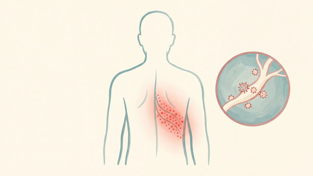 Shingles concept, human back with a one-sided band of rash along a nerve and a magnified inset of virus on the nerve fiber, gouache medical illustration