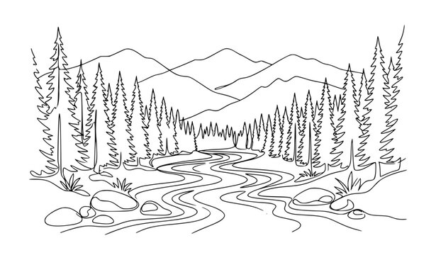 Minimalist Continuous Line Art of a Peaceful Mountain River and Evergreen Forest