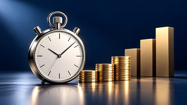 Silver stopwatch and rising gold coin bar chart representing financial investment growth, wealth strategy, and compound interest for business finance background, 3d render.