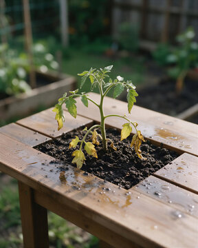 Wet garden planter with wilted tomato seedlings yellow leaves drooping from overwatering and root asphyxiation outdoors.
